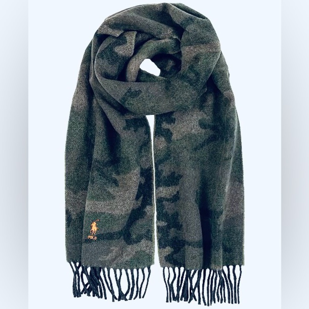 NWT Polo Ralph Lauren Camo Jacquard Scarf Wool Blend Olive with Orange Pony